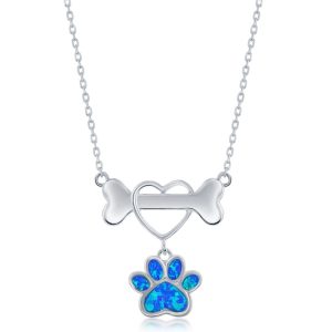 Sterling Silver, Dog Bone & Heart, Opal Paw Necklace - Blue Opal