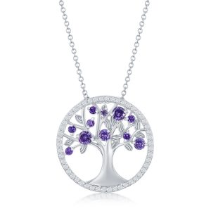 Sterling Silver, 'February' Birthstone Tree of Life Necklace - Amethyst CZ