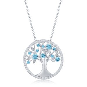 Sterling Silver, 'March' Birthstone Tree of Life Necklace - Aqua CZ