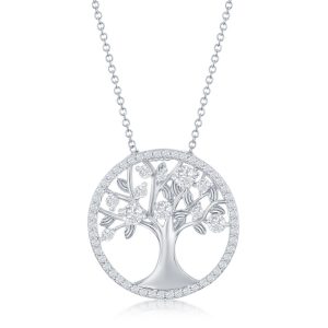Sterling Silver, 'April' Birthstone Tree of Life Necklace - White CZ