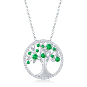 Sterling Silver, 'May' Birthstone Tree of Life Necklace - Emerald CZ