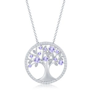 Sterling Silver, 'June' Birthstone Tree of Life Necklace - Lavender CZ