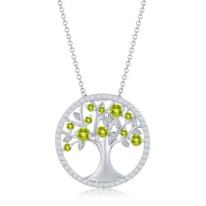Sterling Silver, 'August' Birthstone Tree of Life Necklace - Peridot CZ