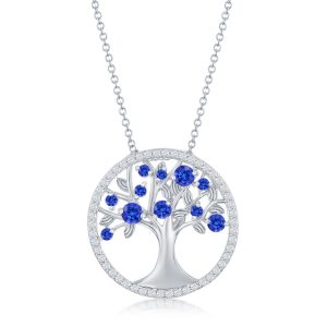 Sterling Silver, 'September' Birthstone Tree of Life Necklace -  Sapphire CZ