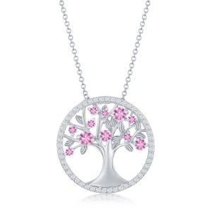 Sterling Silver, 'October' Birthstone Tree of Life Necklace - Pink CZ