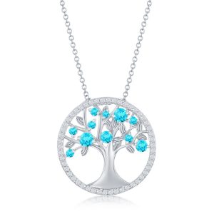 Sterling Silver, 'December' Birthstone Tree of Life Necklace -  Blue Topaz CZ