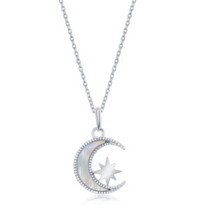Sterling Silver, MOP Crescent Moon with Star Necklace