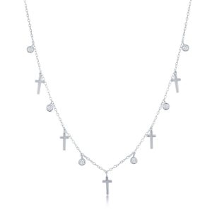Sterling Silver, Alternating Cross & Bezel-Set CZ Necklace
