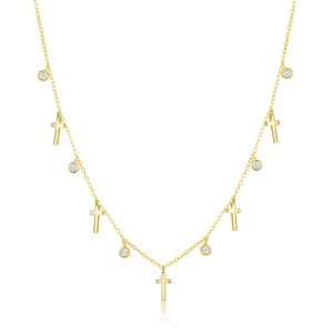 Sterling Silver, Alternating Cross & Bezel-Set CZ Necklace - Gold Plated