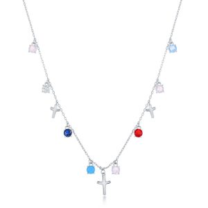 Sterling Silver Round Multi-Color CZ & Crosses Necklace