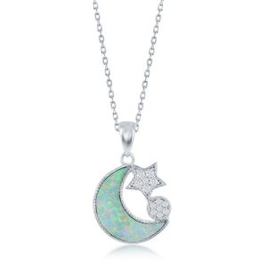 Sterling Silver, White Inlay Opal & CZ Moon and Star Necklace