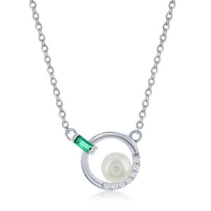 Sterling Silver, Emerald Baguette CZ Round Circle & FWP Necklace