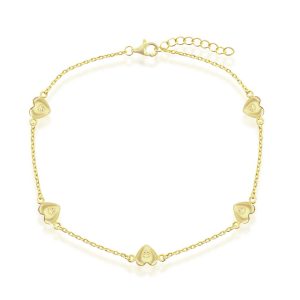 Sterling Silver, Station Hearts Anklet - Gold Plated
