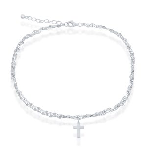 Sterling Silver, Double Strand Mirror Chain w/ Cross Charm Anklet