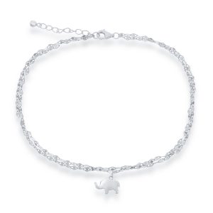Sterling Silver, Double Strand Mirror Chain w/ Elephant Charm Anklet