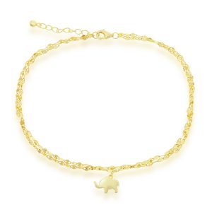 Sterling Silver, Double Strand Mirror Chain w/Elephant Charm Anklet - Gold Plated