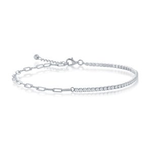 Sterling Silver, 2mm Half Tennis & 3.5mm Paperclip Anklet