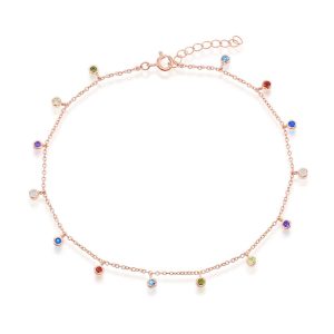Sterling Silver, Bezel-Set Rainbow CZ Charms Anklet - Rose Gold Plated
