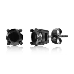 Stainless Steel, 7mm Round Black CZ Studs - Black Plated