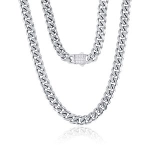 Stainless Steel, 12mm Miami Cuban, CZ Lock Necklace