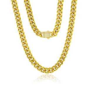Stainless Steel, 12mm Miami Cuban, CZ Lock Necklace - Gold Plated