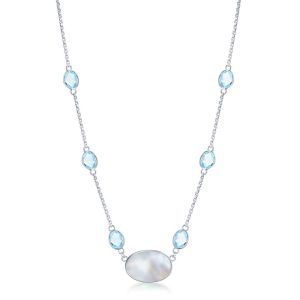 Sterling Silver Oval Mother of Pearl & Round Blue Topaz by the Yard Necklace