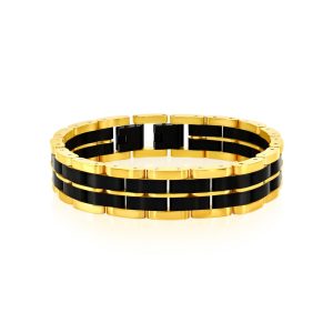 Stainless Steel, Two-Tone Double Striped Linked Bracelet - Black & Gold