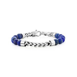 Stainless Steel. 8mm Genuine Bead & Chain Bracelet - Lapis