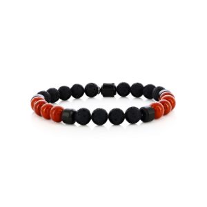 Stainless Steel, 8mm Genuine Bead Bracelet - Lava Stone & Red Fossil
