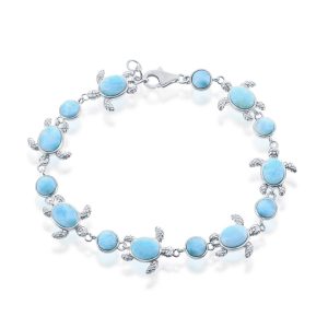 Sterling Silver Alternating Oval and Turtle Larimar Bracelet