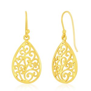 Sterling Silver, Pearshaped Filigree Design Earrings - Gold Plated