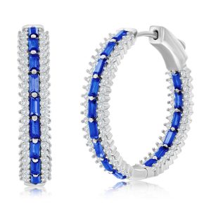Sterling Silver, Center Baguette & Round CZ Hoop Earrings - Sapphire