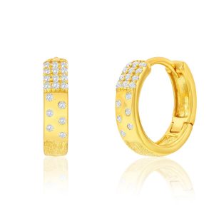 Sterling Silver, CZ & Brushed Hoop Earrings - Gold Plated