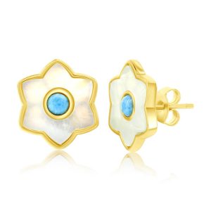 Sterling Silver, Larimar & MOP Flower Studs - Gold Plated