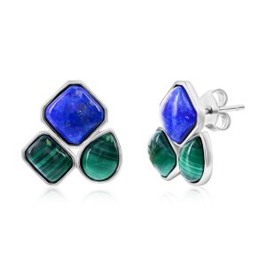 Sterling Silver, Multi-Shaped Malachite & Lapis Earrings