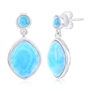 Sterling Silver, Round & Marquise Larimar Dangle Earrings