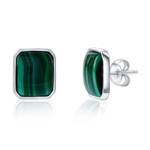 Sterling Silver, 14x12mm Rectangle Earrings - Malachite