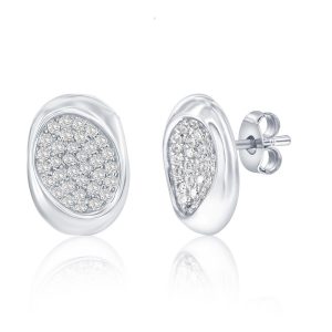 Sterling Silver, Puffed Polished & Pave CZ Oval Studs
