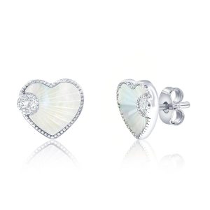 Sterling Silver, D-C Heart MOP & CZ Studs