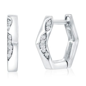 Sterling Silver, Geometric Polished & CZ Hoop Earrings