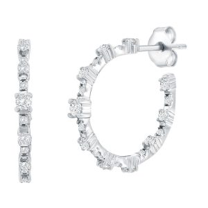 Sterling Silver, Alternating 4-Prong CZ Half Hoop Earrings