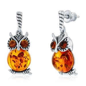 Sterling Silver, Amber Owl Dangle Earrings