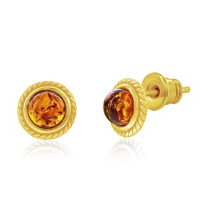 Sterling Silver, Round Amber, Designed Outline Studs - Gold Plated