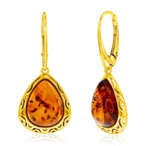 Sterling Silver, Triangle Amber, Designed Outline Earrings - Gold Plated
