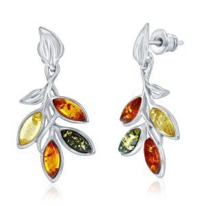 Sterling Silver, Multi-Color Amber Leaf Earrings