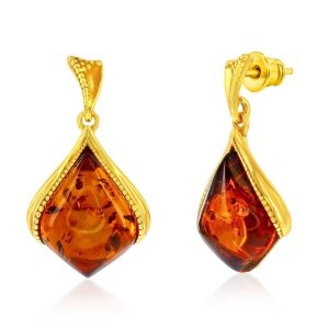 Sterling Silver, Amber Marquise Dangle Earrings - Gold Plated
