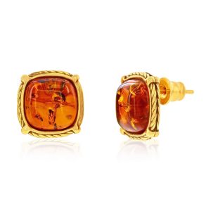 Sterling Silver, Square Amber Studs - Gold Plated