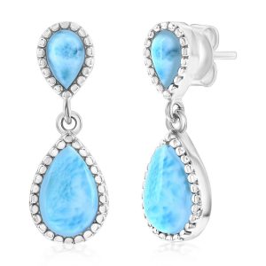 Sterling Silver, Double Pear-Shaped Larimar w/Beaded Border Earrings