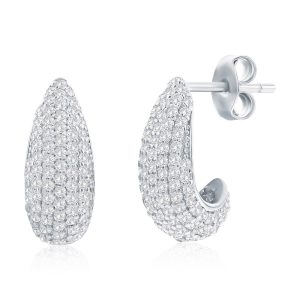 Sterling Silver, 14mm Pave CZ Huggie Hoop Earrings