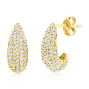 Sterling Silver 14mm Pave CZ Huggie Hoop Earrings - Gold Plated
